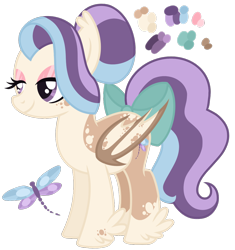 Size: 972x1032 | Tagged: safe, artist:monochrome-sunsets, oc, oc only, bat pony, pony, base used, bow, color palette, colored wings, cream coat, ear tufts, eyelashes, eyeshadow, feathered fetlocks, female, female oc, folded wings, hair bun, leg markings, lidded eyes, long tail, makeup, mare, mare oc, pink eyeshadow, purple eyes, simple background, smiling, solo, standing, tail, tail accessory, tail bow, three toned mane, three toned tail, tied mane, transparent background, two toned coat, wavy tail, wing markings, wings