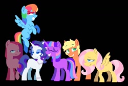 Size: 1337x903 | Tagged: safe, artist:partyponypower, applejack, fluttershy, pinkie pie, rainbow dash, rarity, twilight sparkle, earth pony, pegasus, pony, unicorn, g4, alternate accessories, alternate design, alternate eye color, alternate hairstyle, alternate mane color, alternate tail color, alternate tailstyle, alternate universe, bags under eyes, bangs, black background, blue coat, blue eyelashes, blue eyes, blue eyeshadow, blue pupils, colored, colored eyebrows, colored eyelashes, colored pupils, curly mane, curly tail, dot eyes, ear piercing, earring, eyebrows, eyebrows visible through hair, eyeroll, eyeshadow, female, flat colors, flying, glasses, gradient mane, gradient tail, green eyelashes, green eyes, green pupils, group, hatless, horn, jewelry, lidded eyes, lineless, long eyelashes, looking at someone, looking back, looking up, makeup, male, mane six, mare, missing accessory, missing cutie mark, multicolored hair, narrowed eyes, necklace, no catchlights, nose wrinkle, pearl bracelet, pearl earrings, pearl necklace, piercing, pink coat, pink mane, pink tail, pinkamena diane pie, profile, purple coat, purple eyes, purple mane, purple tail, rainbow hair, rainbow tail, raised leg, red eyelashes, red eyes, redraw, sextet, short mane, short mane applejack, simple background, smiling, smiling at someone, stallion, standing on three hooves, straight mane, straight tail, tail, the sopranos, thick eyebrows, three toned mane, three toned tail, trans male, trans rainbow dash, transgender, two toned mane, two toned tail, unicorn horn, unicorn twilight, wall of tags, white coat