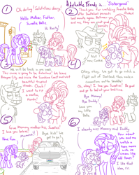 Size: 4779x6013 | Tagged: safe, artist:adorkabletwilightandfriends, cookie crumbles, hondo flanks, rarity, sweetie belle, comic:adorkable twilight and friends, g4, adorkable friends, automobile, babysitting, car, comic, covering ears, crying, cute, door, facial hair, family, female, filly, foal, funny, humor, love, moustache, parent, rush, sad, sibling love, siblings, silly, sisterly love, sisters, slice of life, suv, vacation, walking