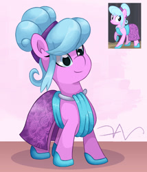 Size: 1200x1400 | Tagged: safe, artist:swasfews, coral shine, earth pony, pony, g4, rarity takes manehattan, abstract background, background pony, clothes, dress, eye clipping through hair, hoof shoes, screencap reference, shiny mane, signature, smiling, solo, standing