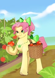 Size: 1470x2048 | Tagged: safe, artist:aztrial, posey bloom, earth pony, pony, g5, basket, bow, female, food, hair bow, jewelry, mare, necklace, ponytail, smiling, solo, tail, tail bow, tomato, tomato tree, unshorn fetlocks