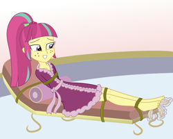 Size: 2500x2000 | Tagged: safe, artist:nie-martw-sie-o-mnie, part of a set, sour sweet, human, equestria girls, g4, bathrobe, bondage, clothes, feather, feet, female, foot tickling, freckles, high ponytail, robe, rope, rope bondage, solo, spa, tickling, tied down