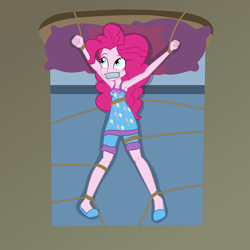 Size: 2500x2500 | Tagged: safe, artist:nie-martw-sie-o-mnie, part of a set, pinkie pie, human, equestria girls, g4, armpits, bed, bondage, bound and gagged, clothes, female, femsub, gag, lying down, nightgown, on back, on bed, pajamas, pillow, pinkiesub, rope, rope bondage, shorts, slippers, solo, spread eagle, submissive, tape, tape gag, tied down, tied to bed