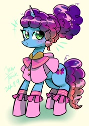 Size: 1240x1754 | Tagged: safe, artist:jully-park, misty brightdawn, pony, unicorn, g5, my little pony: tell your tale, sleepover!!, spoiler:g5, spoiler:my little pony: tell your tale, spoiler:tyts02e18, alternate hairstyle, blushing, clothes, cute, eyelashes, freckles, frilly socks, horn, looking back, mistybetes, pink socks, ponytail, rebirth misty, shadow, shawl, signature, simple background, smiling, socks, solo, sparkly eyes, tied mane, wingding eyes, yellow background