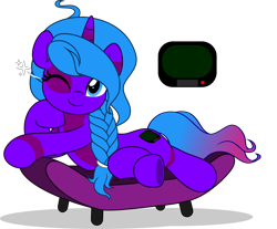 Size: 6052x5000 | Tagged: safe, artist:jhayarr23, oc, oc:violet aura, pony, unicorn, fallout equestria, braid, coat markings, commission, commissioner:solar aura, couch, cutie mark, horn, one eye closed, one eye open, simple background, solo, transparent background, unicorn oc, wink, ych result