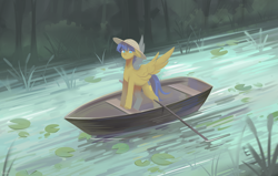 Size: 5089x3241 | Tagged: safe, artist:remon, oc, oc only, oc:crushingvictory, pegasus, pony, boat, chest fluff, ears back, hat, leg fluff, lilypad, nature, pegasus oc, river, solo, spread wings, standing, water, wings