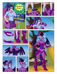 Size: 1850x2413 | Tagged: safe, artist:vytz, sci-twi, twilight sparkle, human, robot, equestria girls, g4, alternate universe, armor, bondage, briefcase, comic, commission, disguise, encasement, mecha, mecha suit, ponysuit, power armor, robot suit, sign, superhero, suspicious