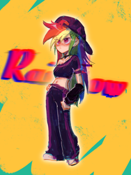 Size: 1620x2160 | Tagged: safe, artist:rhapsody·12, rainbow dash, human, g4, arm warmers, backwards ballcap, baseball cap, belly, belly button, blushing, cap, clothes, collarbone, female, hand on hip, hat, humanized, light skin, midriff, name, solo