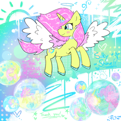 Size: 2500x2500 | Tagged: safe, artist:duckchip, pinkie pie, oc, oc:silky shine, alicorn, butterfly, earth pony, g4, abstract background, alicorn oc, blush scribble, blushing, bubble, choker, cloud, collar, colored hooves, colored wings, crying, female, flying, heart, hooves, horn, horn ring, jewelry, mare, memory, not fluttershy, not species swap, patterned background, rainbow eyes, regalia, ring, sandcastle, shiny hooves, signature, solo focus, sparkles, spread wings, tears of joy, tiara, two toned wings, wings