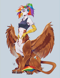 Size: 2478x3210 | Tagged: safe, artist:satway, oc, oc only, oc:rainbow feather, griffon centaur, taur, clothes, interspecies offspring, magical lesbian spawn, next generation, offspring, parent:gilda, parent:rainbow dash, parents:gildash, solo