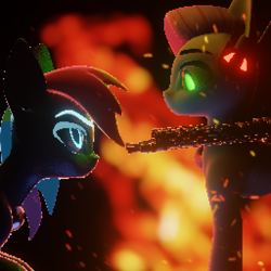 Size: 1024x1024 | Tagged: safe, artist:saphire systrine, fluttershy, rainbow dash, pegasus, pony, robot, robot pony, g4, 3d, a world out of time, album cover, blue eyelashes, colored eyelashes, dark sclera, duo, fire, glowing, glowing eyes, green eyes, gun, looking at each other, looking at someone, pixelated, vs twi, weapon