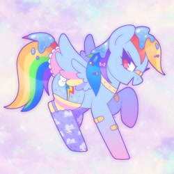 Size: 1750x1750 | Tagged: safe, artist:vivian reed, part of a set, rainbow dash, pegasus, pony, g4, abstract background, bandaid, bandaid on nose, bow, choker, chokerdash, clothes, colored wings, fairy kei, female, food, freckledash, freckles, frosting, furrowed brow, gradient hooves, gradient legs, hair bow, hairclip, mare, multicolored wings, no pupils, open mouth, open smile, rainbow freckles, raised hoof, smiling, socks, solo, spread wings, standing on two hooves, striped socks, tail, tail bow, wings