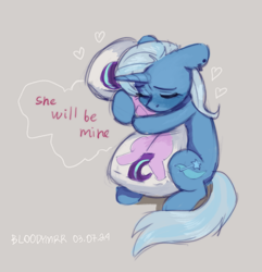 Size: 2887x3000 | Tagged: safe, artist:bloodymrr, starlight glimmer, trixie, pony, unicorn, g4, alternate universe, blushing, body pillow, ear piercing, ears back, eyes closed, female, heart, horn, hug, lesbian, piercing, pillow, pillow hug, ship:startrix, shipping, simple background, sitting, solo, stalker, text