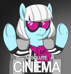 Size: 747x771 | Tagged: safe, artist:hardway bet, photo finish, earth pony, pony, g4, absolute cinema, bipedal, bipedal leaning, caption, chair, cinema, clothes, colored, drawthread, female, gradient background, leaning, mare, meme, ponified, ponified meme, praise, raised hooves, reaction image, requested art, scarf, solo, text