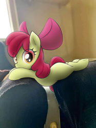 Size: 1385x1847 | Tagged: safe, artist:anonymous, edit, apple bloom, earth pony, pony, g4, armchair, augmented reality, behaving like a cat, blank flank, bow, chair, colored, cute, drawthread, eye clipping through hair, female, filly, foal, hair bow, indoors, irl, looking at you, photo, photo edit, ponified, ponified animal photo, reference in the description, requested art, shading, solo