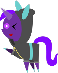 Size: 850x1064 | Tagged: safe, artist:carrotorangelight, oc, oc only, oc:aurora star, pony, unicorn, clothes, costume, dangerous mission outfit, hoodie, horn, looking at you, magic, one eye closed, pointy ponies, simple background, solo, transparent background, waving, waving at you, wink, winking at you