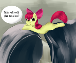 Size: 2352x1953 | Tagged: safe, artist:lillslim, apple bloom, earth pony, pony, g4, apple bloom's bow, armchair, asking for help, behaving like a cat, blank flank, bow, chair, colored, comic, cute, drawthread, female, filly, foal, hair bow, looking at you, photo, ponified, ponified animal photo, question, requested art, shading, solo, stretch, talking to viewer