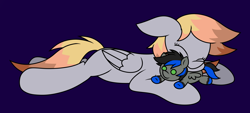 Size: 4032x1830 | Tagged: safe, artist:derpyalex2, oc, oc only, oc:tweety, oc:tweety birb, pegasus, pony, commission, digital art, duo, lying down, pegasus oc, plushie, simple background