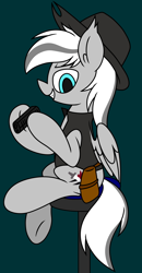 Size: 1986x3813 | Tagged: safe, artist:derpyalex2, oc, oc only, oc:silver edge, pegasus, pony, bar stool, blue background, clothes, commission, cowboy, cowboy hat, cyan background, gun, hat, holster, simple background, solo, vest, weapon