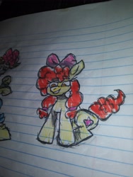 Size: 3120x4160 | Tagged: safe, artist:razordad2, apple bloom, earth pony, pony, g4, grin, human to pony, lined paper, sitting, smiling, solo, traditional art, transformation