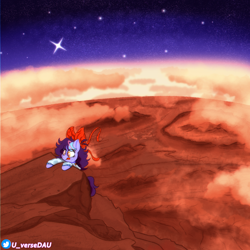 Size: 3072x3072 | Tagged: safe, artist:juniverse, oc, oc only, oc:juniverse, earth pony, atmosphere, climbing, clothes, cloud, colored, female, mars (planet), olympus mons, ribbon, scenery, solo, space, space pony, stars, sweater, universe daughter, volcano