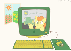 Size: 2100x1500 | Tagged: safe, artist:millionyearspony, derpibooru exclusive, carrot top, golden harvest, earth pony, pony, g4, banner, computer mouse, female, green eyes, hooves, john deere, keyboard, monitor, simple background, solo, tractor, white background