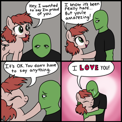 Size: 2000x1993 | Tagged: safe, alternate version, artist:anonymous, oc, oc only, oc:anon, oc:harmony hugs, earth pony, human, pony, g4, 4 panel comic, black t-shirt, clothes, colored, comic, crying, drawthread, duo, duo male and female, earth pony oc, emotional support, female, female oc, frame, gradient background, heart, heart background, hug, i love you, male, mare, missing accessory, ponified, ponified comic, praise, requested art, shirt, t-shirt, teary eyes