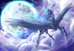 Size: 2048x1412 | Tagged: safe, artist:叶玹, princess luna, alicorn, pony, g4, cloud, crown, ethereal mane, ethereal tail, female, flowing mane, flowing tail, flying, horn, jewelry, magic, mare, moon, night, night sky, peytral, regalia, sky, solo, spread wings, starry mane, starry tail, tail, telekinesis, wings