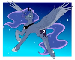 Size: 2048x1638 | Tagged: safe, artist:叶玹, princess luna, alicorn, pony, g4, female, flying, horn, jewelry, night, night sky, outdoors, passepartout, regalia, sky, solo, spread wings, wings