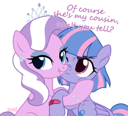 Size: 941x849 | Tagged: safe, artist:lavenderrain17, diamond tiara, wind sprint, earth pony, pegasus, pony, g4, cousins, cute, diamondbetes, duo, duo female, female, girly girl, grey eyeshadow, hug, jewelry, makeup, older, older diamond tiara, older wind sprint, simple background, sprintabetes, tiara, tomboy, transparent background