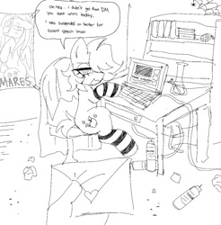 Size: 1292x1311 | Tagged: safe, artist:xxb4d_4ppl3xx, oc, oc only, oc:bad apple, earth pony, pony, bong, clothes, computer, earth pony oc, hand, laptop computer, poster, socks, solo, striped socks