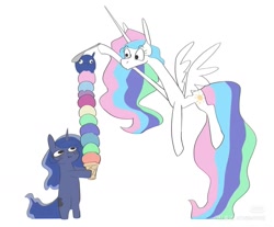 Size: 1303x1080 | Tagged: safe, artist:败犬, princess celestia, princess luna, alicorn, pony, unicorn, g4, bipedal, duo, duo female, female, food, giant food, horn, ice cream, ponies are stretchy, race swap, royal sisters, sibling love, siblings, simple background, sisterly love, sisters, spoon, unicorn luna, white background