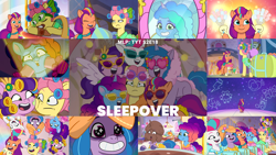 Size: 1978x1113 | Tagged: safe, edit, edited screencap, editor:quoterific, screencap, izzy moonbow, misty brightdawn, pipp petals, posey bloom, sunny starscout, zipp storm, earth pony, pegasus, pony, unicorn, g5, my little pony: tell your tale, sleepover!!, spoiler:g5, spoiler:my little pony: tell your tale, spoiler:tyts02e18, bags under eyes, bean mouth, chocolate, constellation, female, food, gradient mane, grin, horn, makeup, mane stripe sunny, mare, marshmallow, rebirth misty, sleep mask, sleeping, smiling