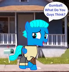 Size: 1176x1232 | Tagged: safe, artist:memeartboi, pegasus, pony, g4, beautiful, clothed ponies, clothes, colt, cosplay, costume, cute, femboy, foal, gumball watterson, house, little boy, mailbox, male, neat, pants, pegasus wings, ponified, shy, solo, standing, sweater, talking, talking to viewer, the amazing world of gumball, wings