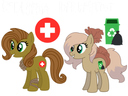 Size: 1032x774 | Tagged: safe, artist:meghan12345, earth pony, pony, g4, barf bag (battle for dream island), battle for dream island, cutie mark, duo, female, mare, ponified, rope, simple background, smiling, transparent background, trash can