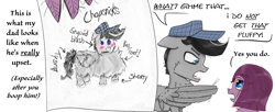 Size: 2200x898 | Tagged: safe, artist:chopsticks, oc, oc only, oc:chopsticks, oc:cookie cutter, pegasus, pony, angry, blushing, cheek fluff, chest fluff, chipped tooth, comic, cute, denial, denial's not just a river in egypt, diagram, dialogue, drawing, duo, eye clipping through hair, eyebrows, eyebrows visible through hair, father and child, father and daughter, female, filly, floppy ears, foal, hat, implied boop, impossibly large chest fluff, looking up, male, non-consensual booping, open mouth, paper, simple background, smol, stallion, stray strand, text, unshorn fetlocks, weapons-grade cute, wing fluff, wing hands, wing hold, wings