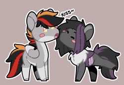 Size: 2048x1406 | Tagged: safe, artist:lazycloud, oc, oc only, oc:mimicry, oc:primaryforce, changedling, changeling, pegasus, pony, changeling oc, cheek kiss, chibi, kissing, oc x oc, pegasus oc, purple changeling, shipping, simple background