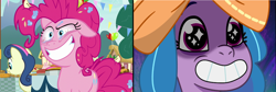 Size: 2136x718 | Tagged: safe, edit, screencap, bon bon, izzy moonbow, pinkie pie, sweetie drops, earth pony, pony, unicorn, g4, g5, my little pony: tell your tale, secrets and pies, sleepover!!, spoiler:g5, spoiler:my little pony: tell your tale, spoiler:tyts02e18, bags under eyes, bean mouth, bloodshot eyes, comparison, crazy face, cute, diapinkes, faic, female, horn, insanity, izzy and her heroine, izzybetes, mare