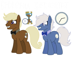 Size: 1032x774 | Tagged: safe, artist:meghan12345, earth pony, pony, g4, battle for dream island, bowtie, clock (battle for dream island), cutie mark, duo, male, necktie, ponified, simple background, smiling, stallion, transparent background