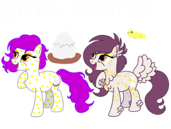 Size: 1032x774 | Tagged: safe, artist:meghan12345, earth pony, pony, g4, battle for dream island, chest fluff, cutie mark, duo, ear fluff, eggy (battle for dream island), eyeshadow, female, hoof fluff, hoof on neck, lidded eyes, makeup, mare, open mouth, ponified, simple background, spots, tail, tail fluff, transparent background