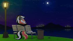 Size: 3840x2160 | Tagged: safe, artist:ljdamz1119, oc, oc only, oc:kenn, oc:lazy sunday, earth pony, unicorn, bench, city, cityscape, duo, female, horn, lamppost, male, mare, moon, night, reflection, sitting, stallion, stargazing, stars, streetlight, trash can, water