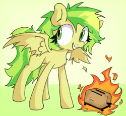 Size: 3086x2842 | Tagged: safe, artist:foxtrnal, oc, oc only, oc:wooden toaster, pegasus, pony, eyelashes, fire, green eyes, pegasus oc, smiling, solo, toaster