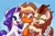 Size: 1192x790 | Tagged: safe, artist:whitediamonds, applejack, autumn blaze, rarity, earth pony, kirin, pony, unicorn, g4, applejack gets all the mares, applejack's hat, blushing, cloven hooves, commission, commissioner:raritybro, cowboy hat, eye clipping through hair, eyes closed, eyeshadow, female, freckles, hat, horn, hug, lesbian, makeup, mare, open mouth, polyamory, ship:autumnjack, ship:autumnrarijack, ship:rarijack, shipping, trio, trio female