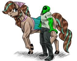 Size: 1250x1000 | Tagged: artist needed, safe, oc, oc:anon, horse, human, braid, clothes, cocoa (wild manes), duo, duo male and female, eyeshadow, female, human and pony, human male, looking at each other, looking at someone, makeup, male, mare, open mouth, pants, saddle, shirt, shoes, simple background, tack, white background, wild manes