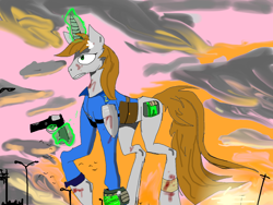 Size: 1236x927 | Tagged: safe, artist:michellethet-34, oc, oc only, oc:littlepip, pony, unicorn, fallout equestria, clothes, horn, jumpsuit, solo, vault suit