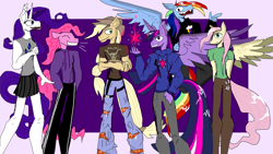 Size: 1649x927 | Tagged: safe, artist:michellethet-34, applejack, fluttershy, pinkie pie, rainbow dash, rarity, twilight sparkle, alicorn, pegasus, unicorn, anthro, g4, clothes, crossed arms, cutie mark on clothes, denim, ear tufts, emanata, eyes closed, female, flying, grin, group, hand on hip, height difference, hoodie, horn, jeans, mane six, open mouth, open smile, pants, passepartout, ripped pants, sextet, sharp teeth, shirt, skirt, smiling, spread wings, standing, sweatpants, t-shirt, tank top, teeth, torn clothes, wings