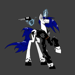 Size: 927x927 | Tagged: safe, artist:michellethet-34, oc, oc only, pony, fallout equestria, concave belly, full body, gray background, grin, gun, handgun, lanky, long legs, magic, revolver, simple background, skinny, smiling, solo, tall, thin, white coat