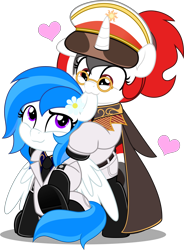 Size: 3684x5000 | Tagged: safe, artist:jhayarr23, oc, oc only, oc:red rocket, oc:winter white, pegasus, unicorn, belt, biting, boots, clothes, commission, duo, ear bite, flower, glasses, hat, horn, necktie, nom, pants, shoes, simple background, solar empire, transparent background, uniform, ych result