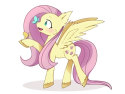 Size: 1080x810 | Tagged: safe, artist:lipona, fluttershy, butterfly, pegasus, pony, g4, anime, blushing, butterfly on nose, cheek fluff, chest fluff, colored hooves, cute, ear fluff, ears up, eyes open, female, hock fluff, hooves, insect on nose, open mouth, open smile, pink mane, profile, raised hoof, simple background, smiling, solo, spread wings, unshorn fetlocks, white background, wing fluff, wings, yellow hooves