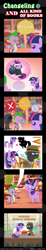 Size: 600x3263 | Tagged: safe, artist:vavacung, spike, twilight sparkle, changeling, dragon, pony, unicorn, comic:changeling and all kind of books, g4, book, bribery, comic, female, golden oaks library, horn, male, pointy ponies, unicorn twilight, wingless spike